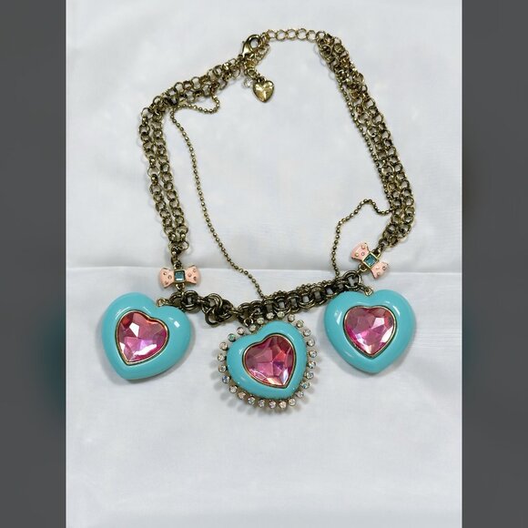 Betsey Johnson Hearts & Bows Necklace Chunky Pink & Blue with Gold Choker Boho - Picture 8 of 14